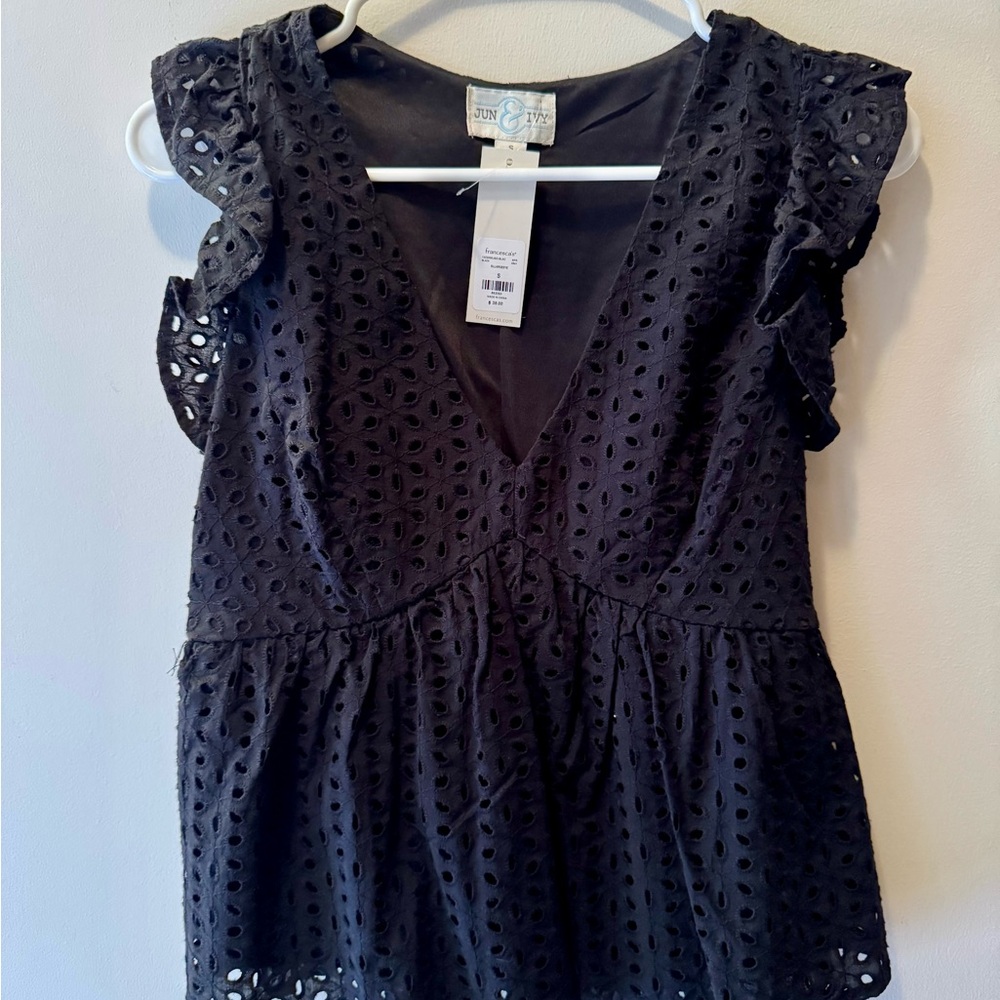 Black Eyelet Ruffle Sleeve Top